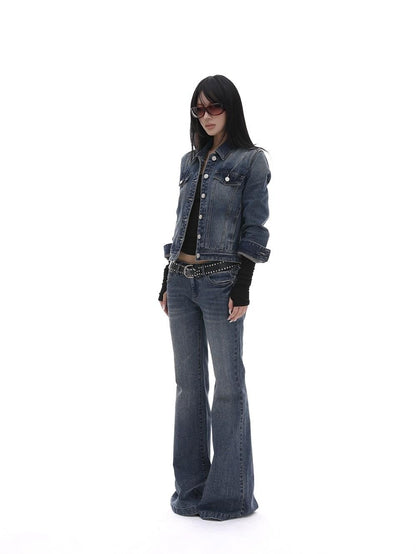 iamxiaa Washed Short Jacket Low Rise Flare Pants Women&