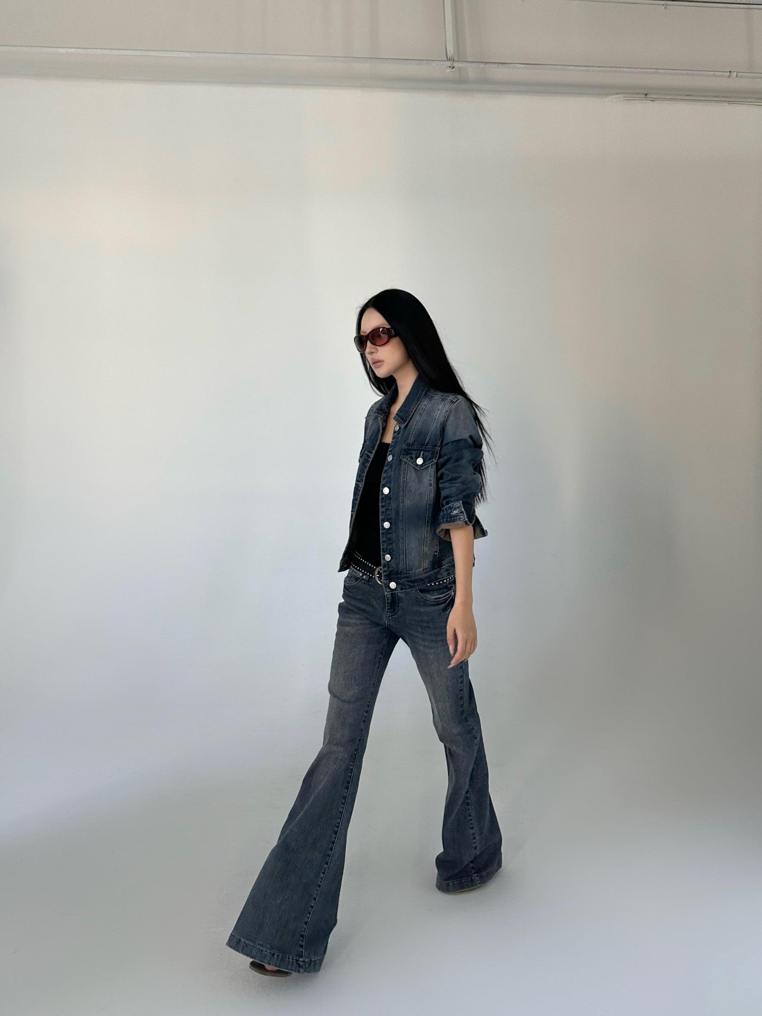 iamxiaa Washed Short Jacket Low Rise Flare Pants Women&