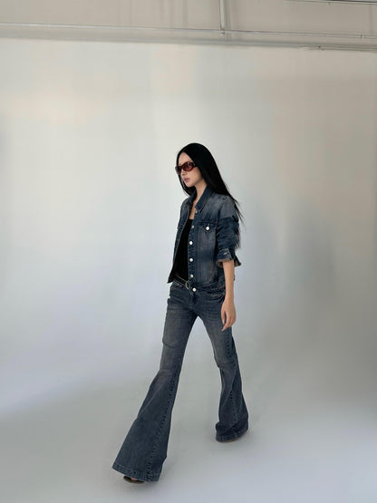 iamxiaa Washed Short Jacket Low Rise Flare Pants Women&