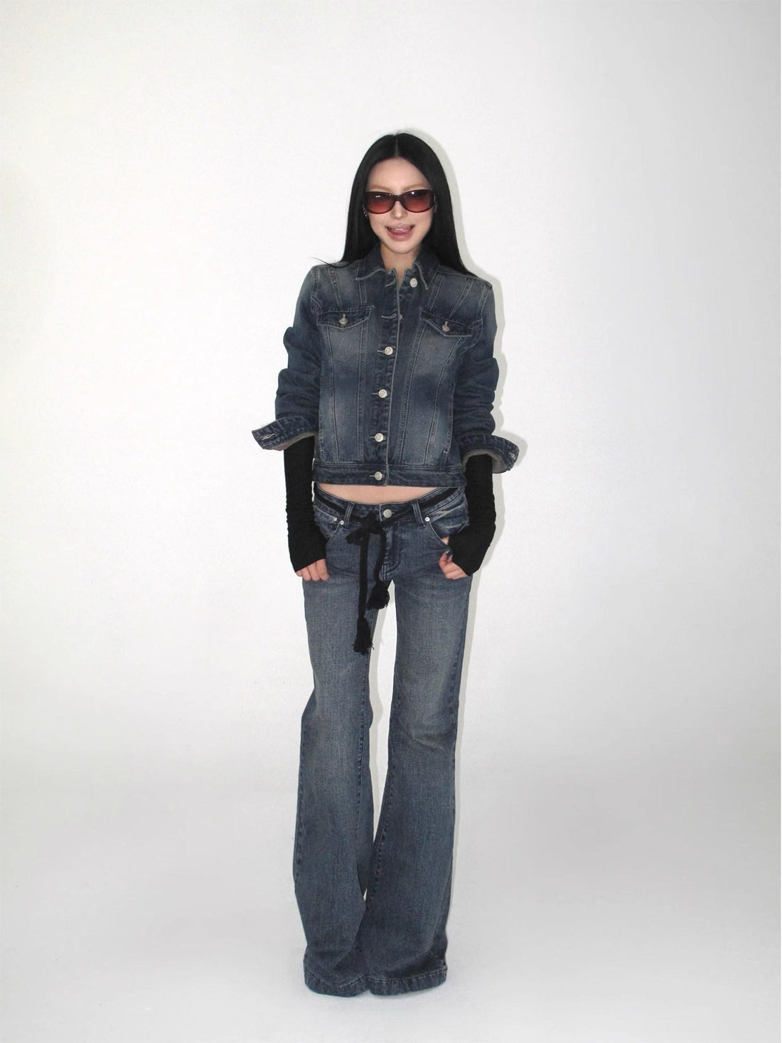 iamxiaa Washed Short Jacket Low Rise Flare Pants Women&