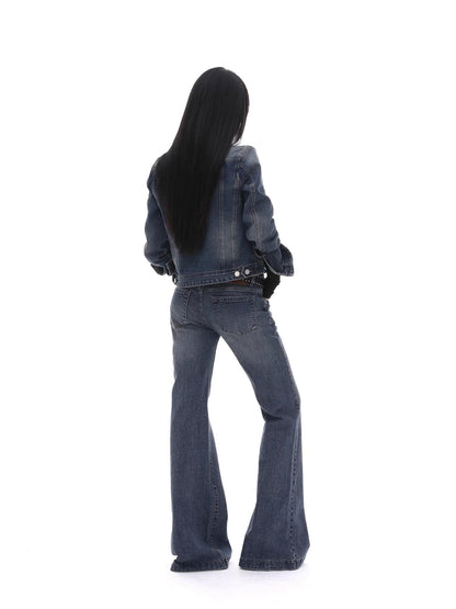 iamxiaa Washed Short Jacket Low Rise Flare Pants Women&