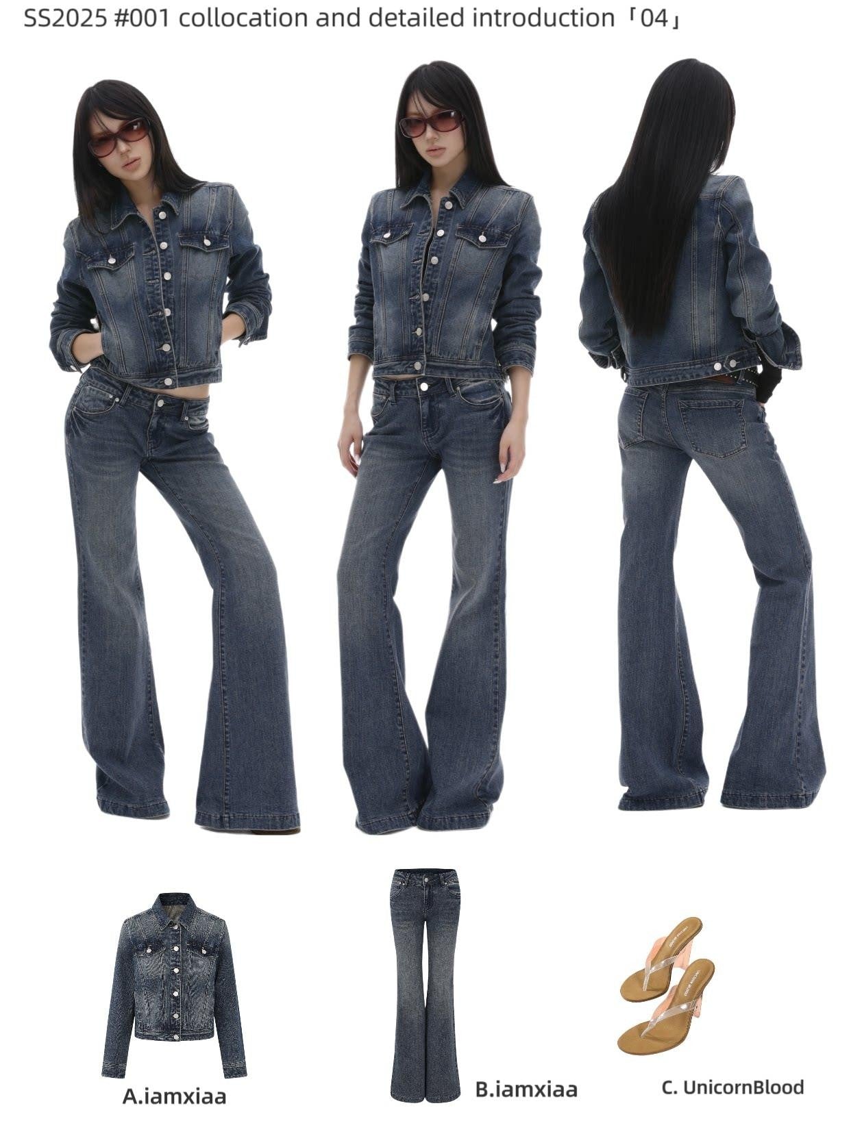 iamxiaa Washed Short Jacket Low Rise Flare Pants Women&