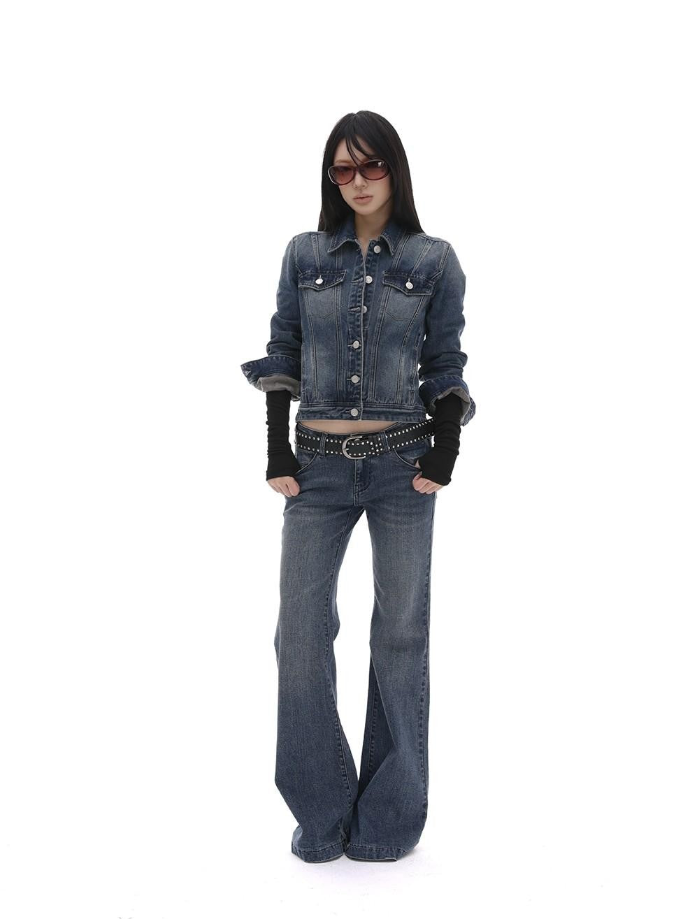 iamxiaa Washed Short Jacket Low Rise Flare Pants Women&