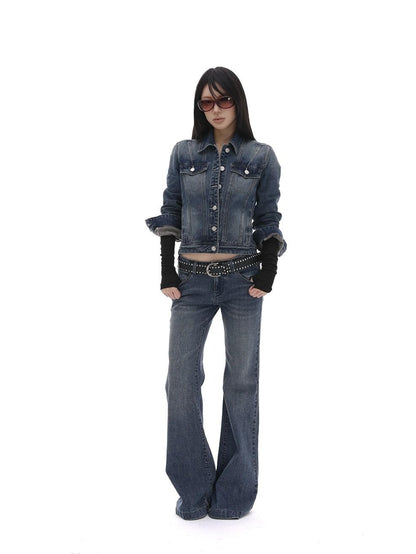 iamxiaa Washed Short Jacket Low Rise Flare Pants Women&