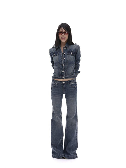 iamxiaa Washed Short Jacket Low Rise Flare Pants Women&