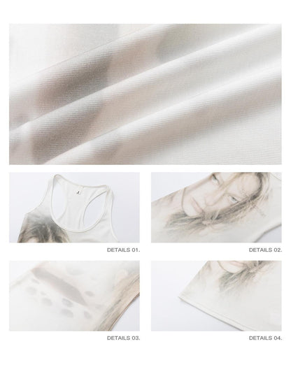iamxiaa Washed Sketch Portrait Ombre Deep U Neck Slim Women&
