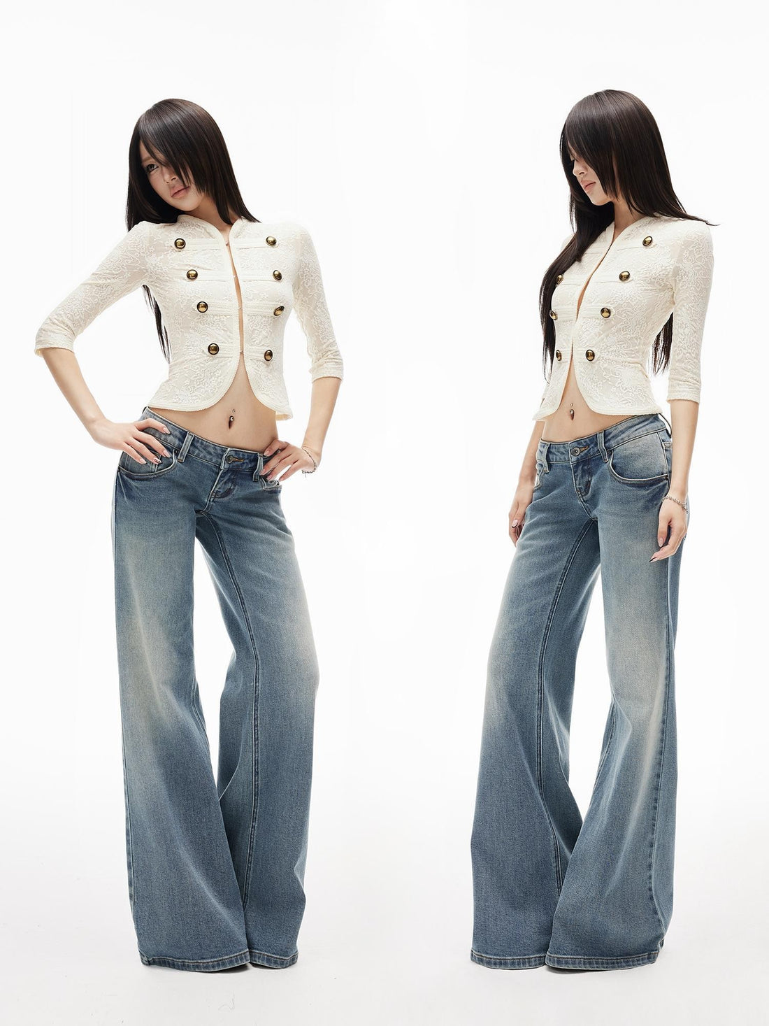 iamxiaa Washed Textured Low Waist Flared Women&