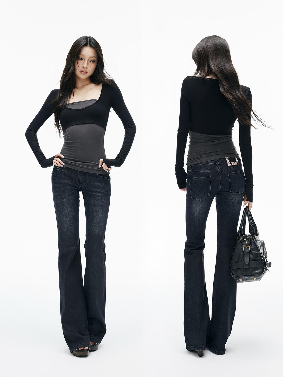 iamxiaa Washed Waxed Dark Blue Low Waist Slim Fit Women&