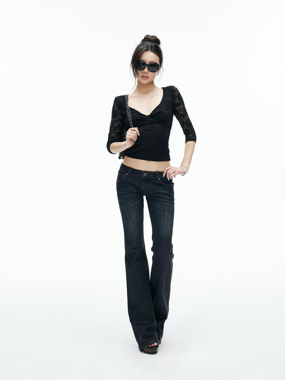 iamxiaa Washed Waxed Dark Blue Low Waist Slim Fit Women&