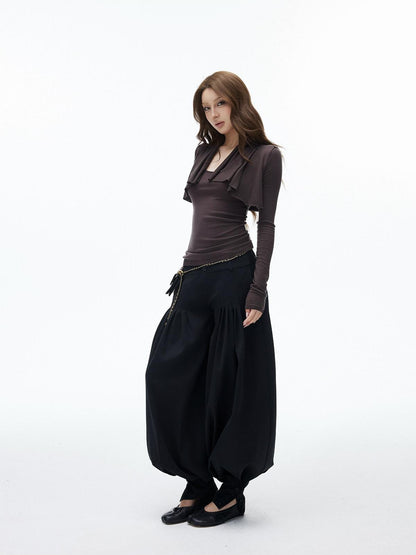 iamxiaa Wavy Pleated Cropped U Neck Slim Fit Women&