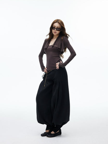 iamxiaa Wavy Pleated Cropped U Neck Slim Fit Women&