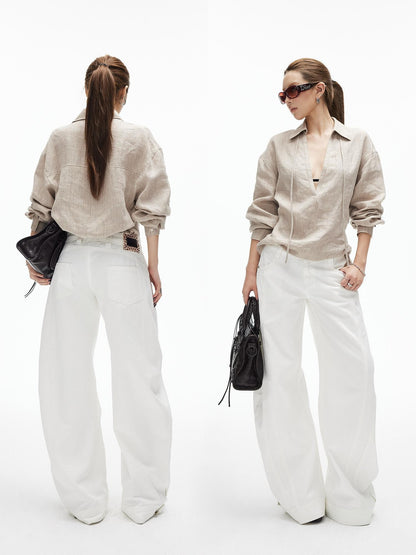 iamxiaa White Double Stitch Split Hem Cut Copper Button Women&