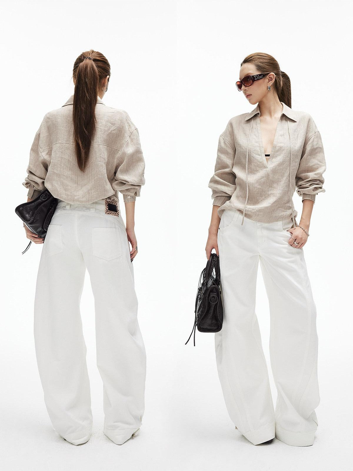iamxiaa White Double Stitch Split Hem Cut Copper Button Women&
