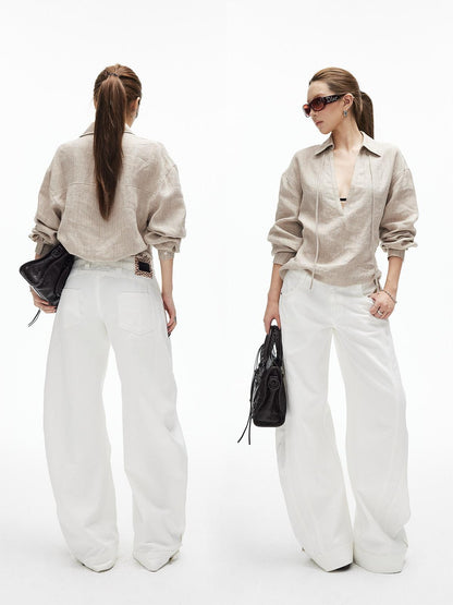 iamxiaa White Double Stitch Split Hem Cut Copper Button Women&