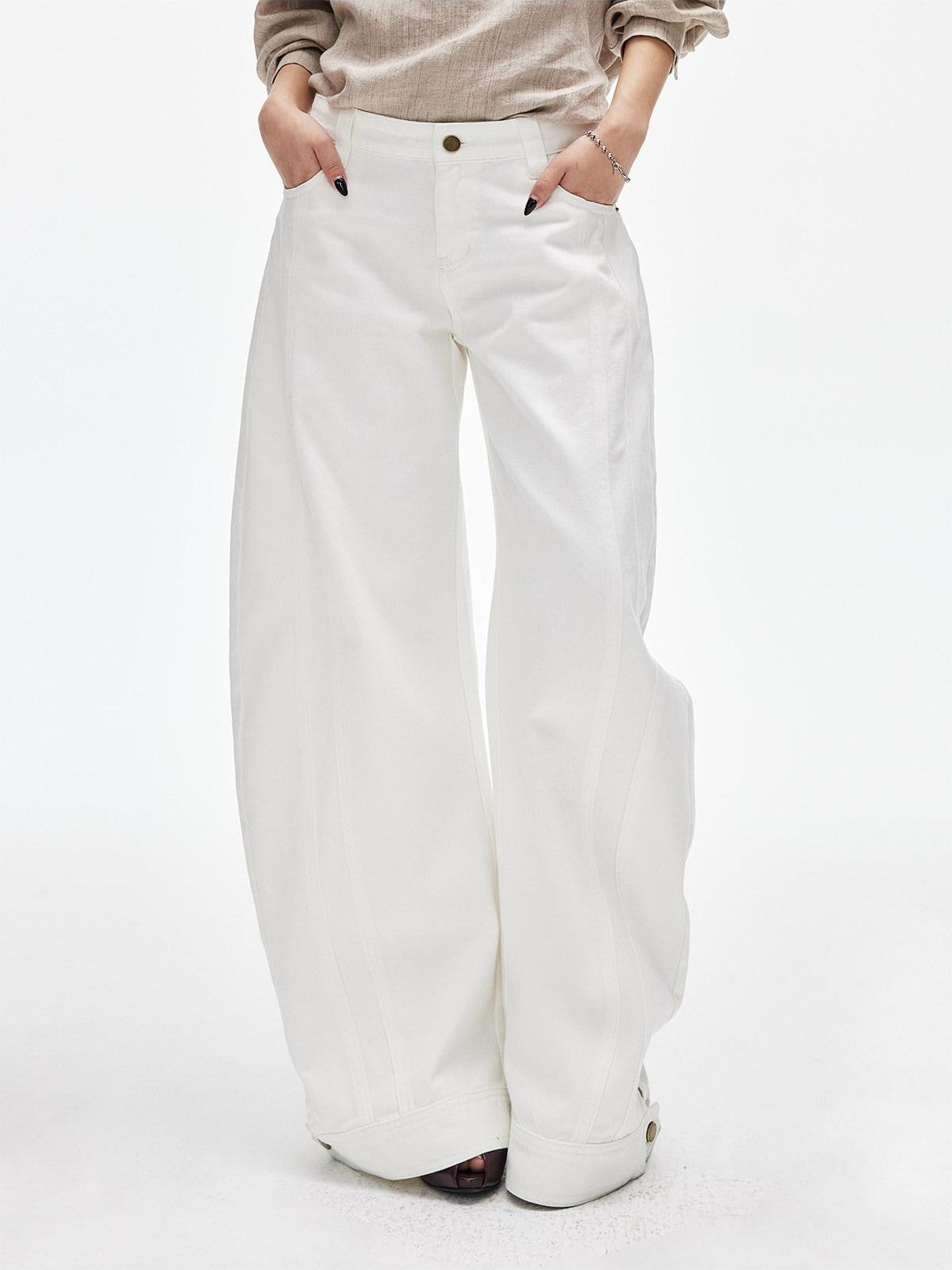 iamxiaa White Double Stitch Split Hem Cut Copper Button Women&