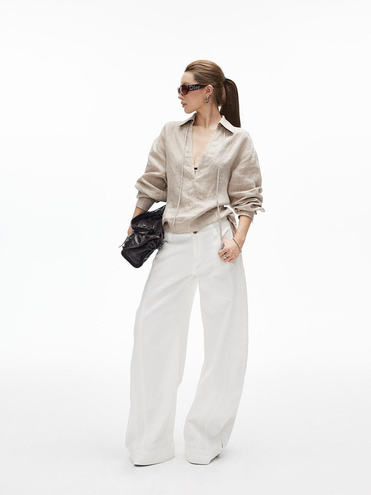 iamxiaa White Double Stitch Split Hem Cut Copper Button Women&