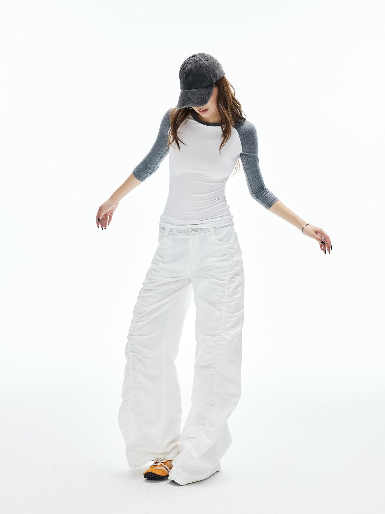 iamxiaa White Gray Colorblock Raglan Crew Fitted Women&