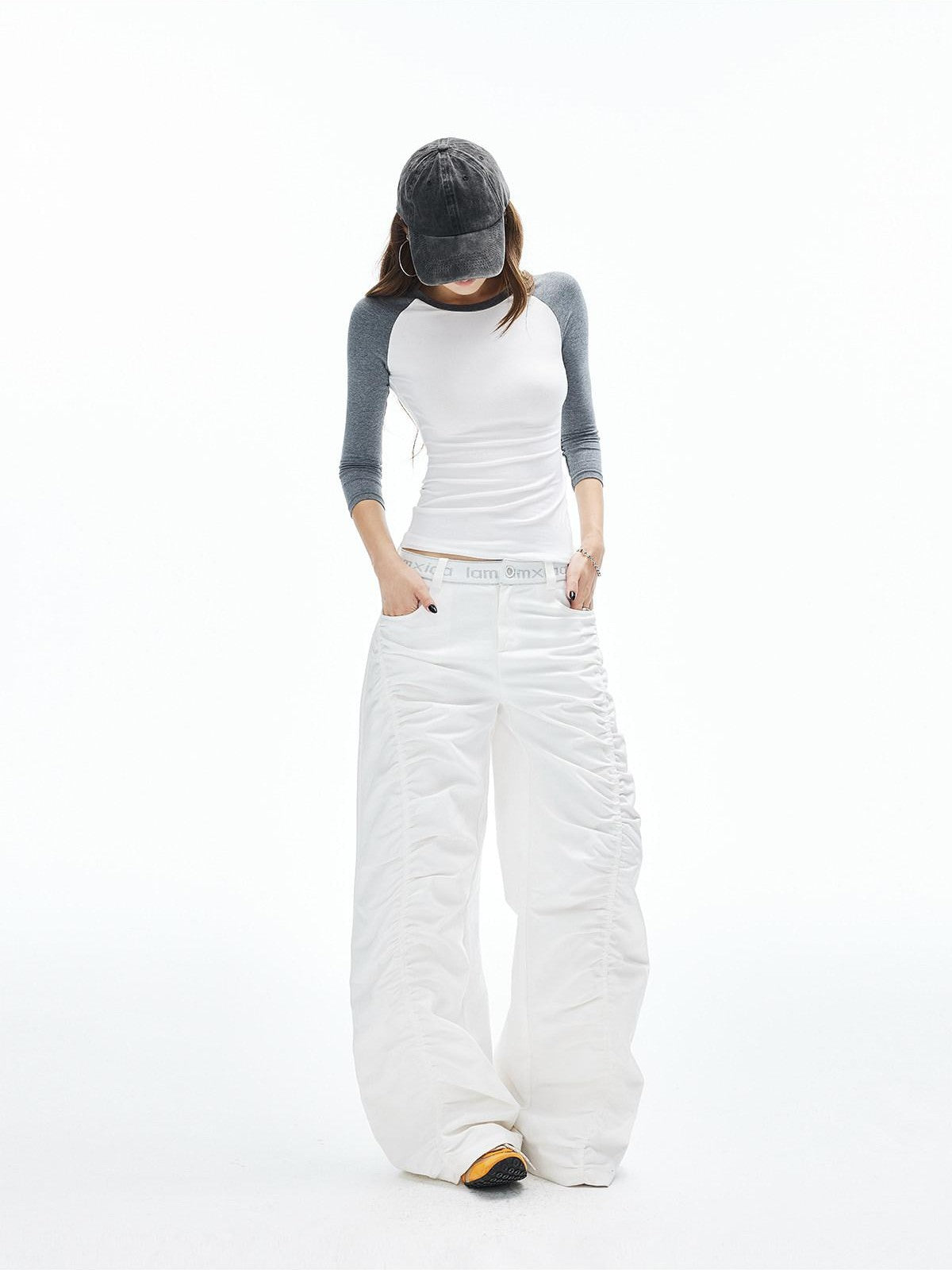 iamxiaa White Gray Colorblock Raglan Crew Fitted Women&