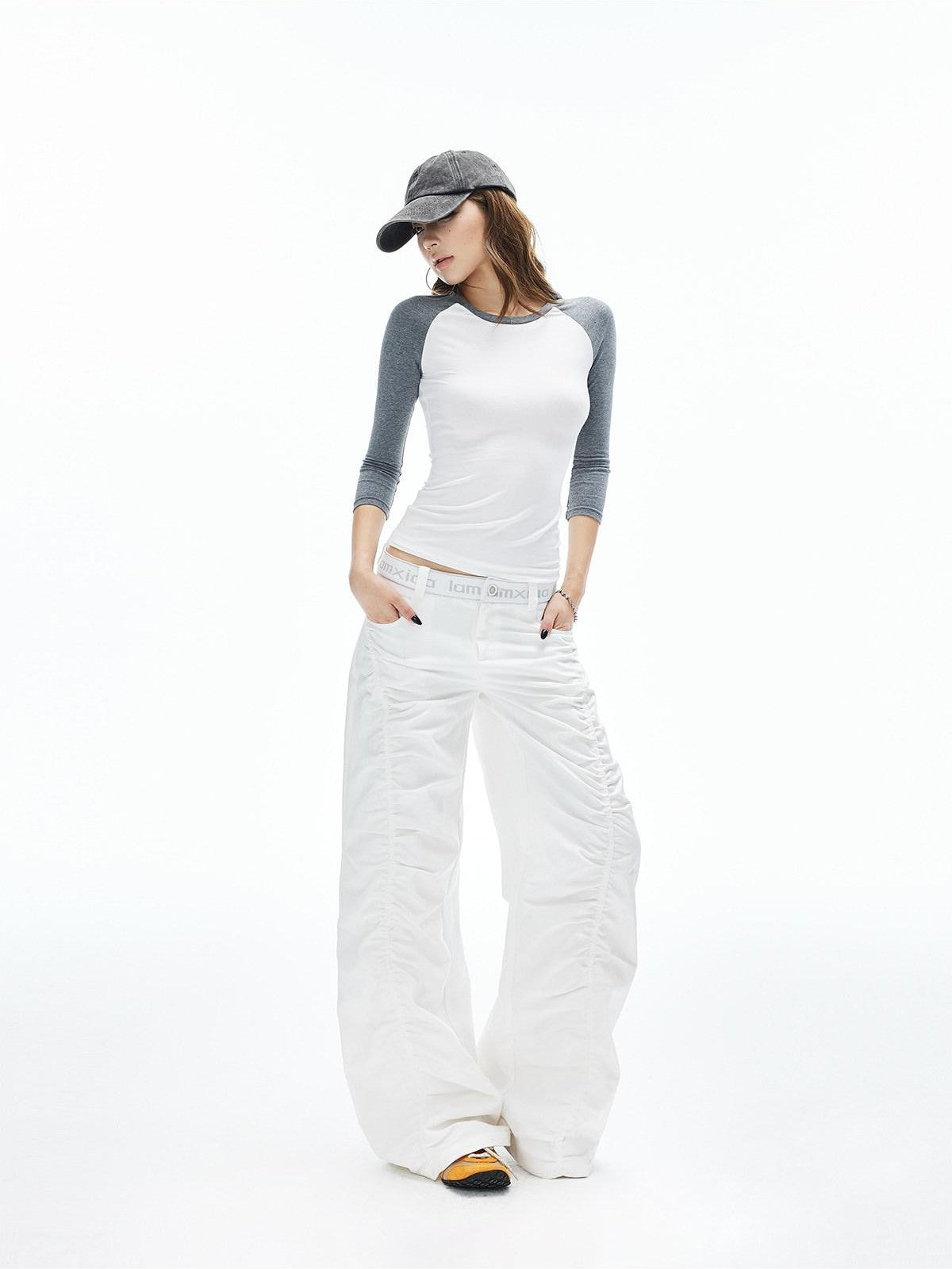 iamxiaa White Gray Colorblock Raglan Crew Fitted Women&