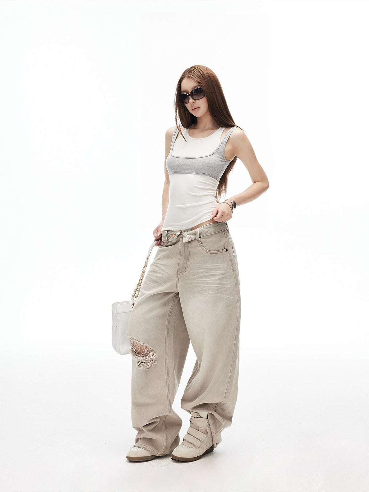 iamxiaa White Gray Contrast Racerback Slim Layered Women&