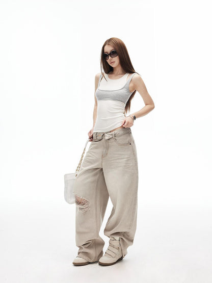 iamxiaa White Gray Contrast Racerback Slim Layered Women&