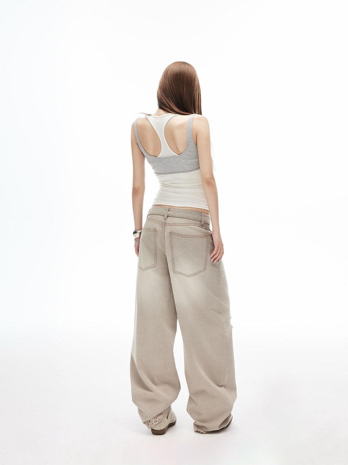 iamxiaa White Gray Contrast Racerback Slim Layered Women&
