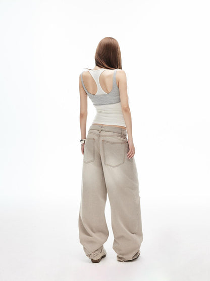 iamxiaa White Gray Contrast Racerback Slim Layered Women&
