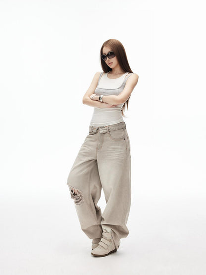 iamxiaa White Gray Contrast Racerback Slim Layered Women&