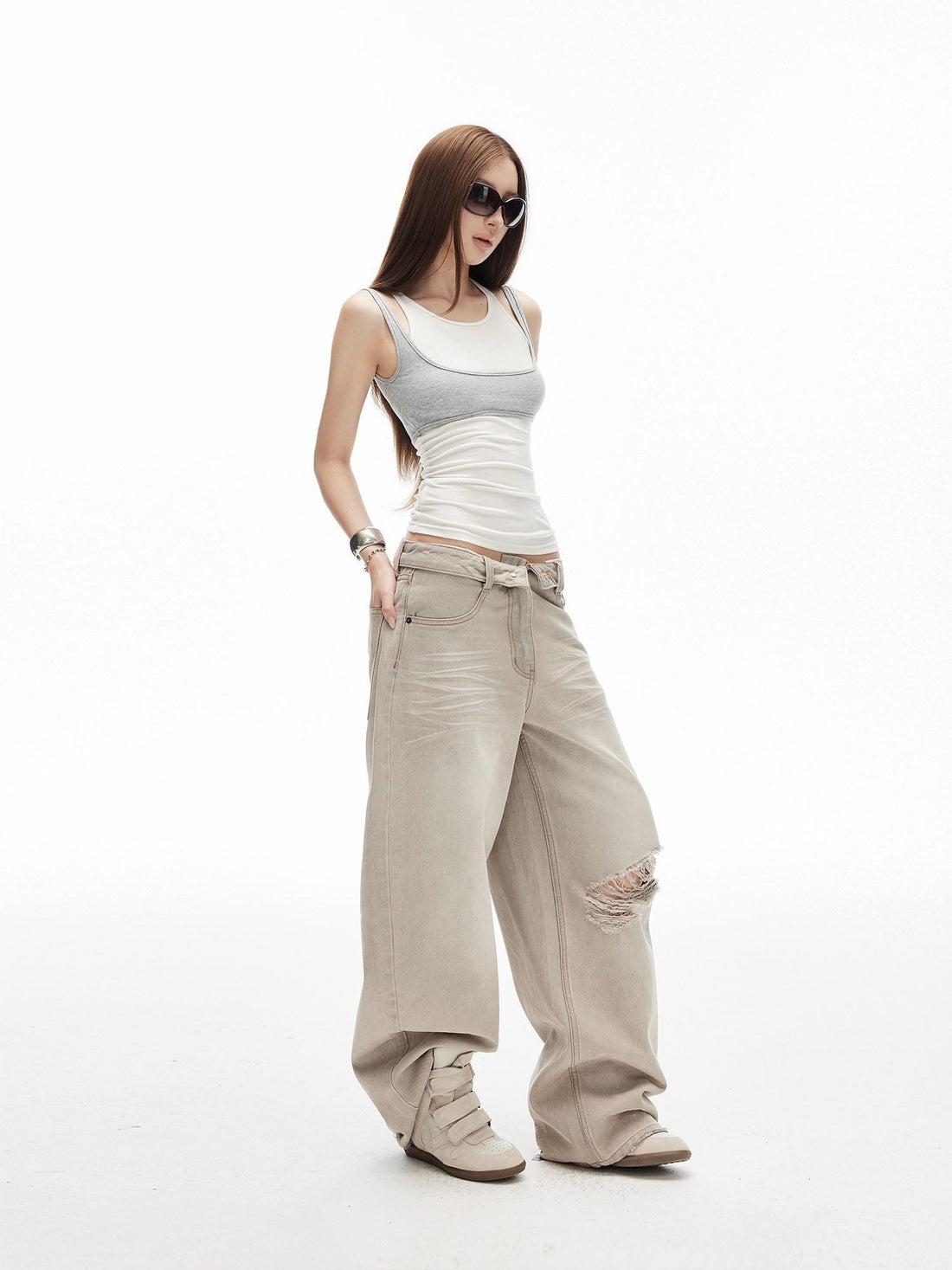 iamxiaa White Gray Contrast Racerback Slim Layered Women&