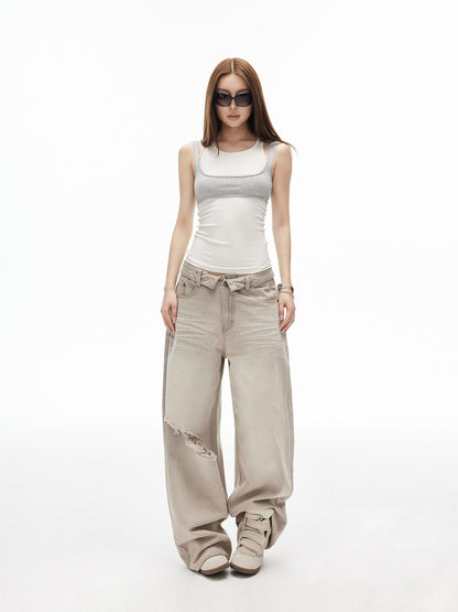 iamxiaa White Gray Contrast Racerback Slim Layered Women&