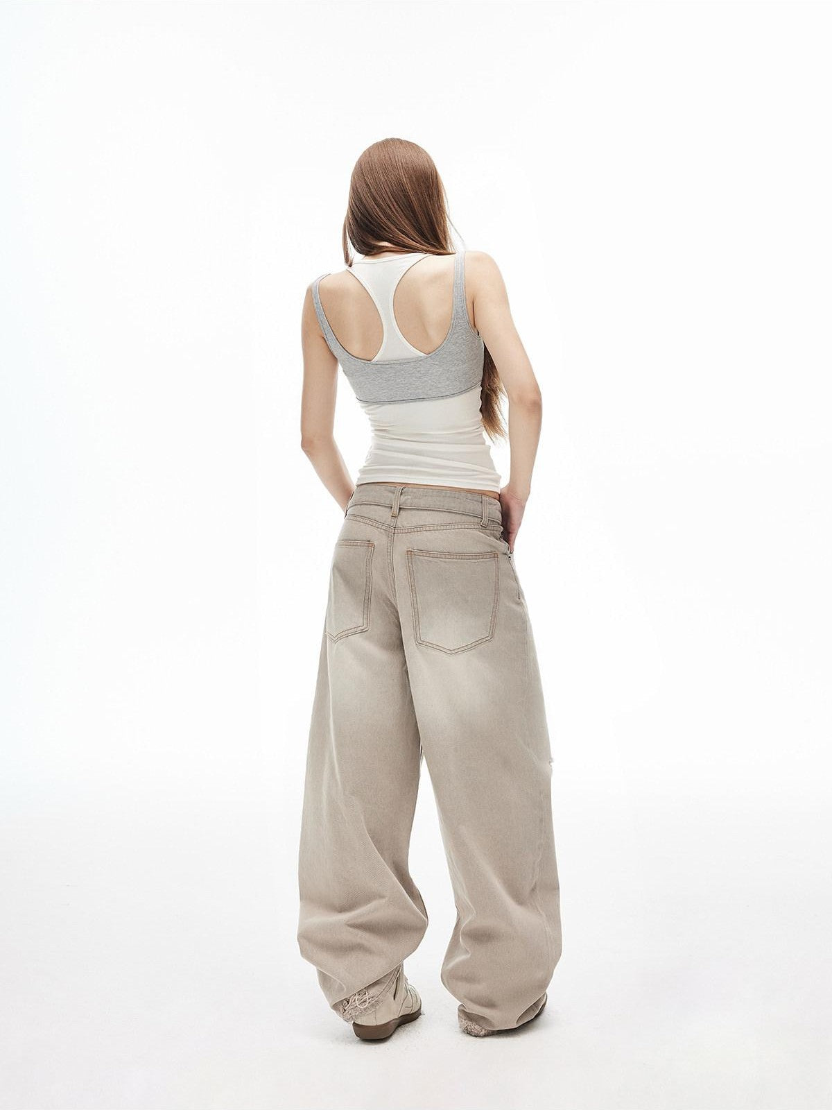 iamxiaa White Gray Contrast Racerback Slim Layered Women&