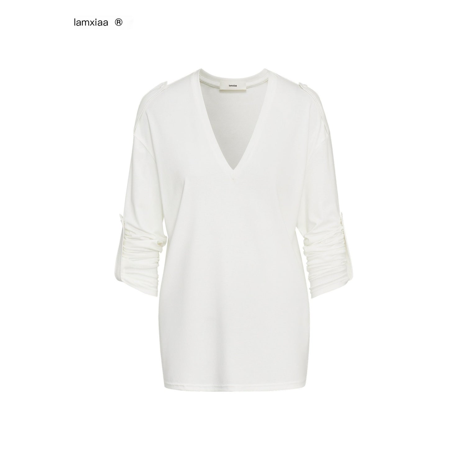 iamxiaa_White_Gray_Narrow_V-neck_Epaulet_Sleeve_Tab_Women&