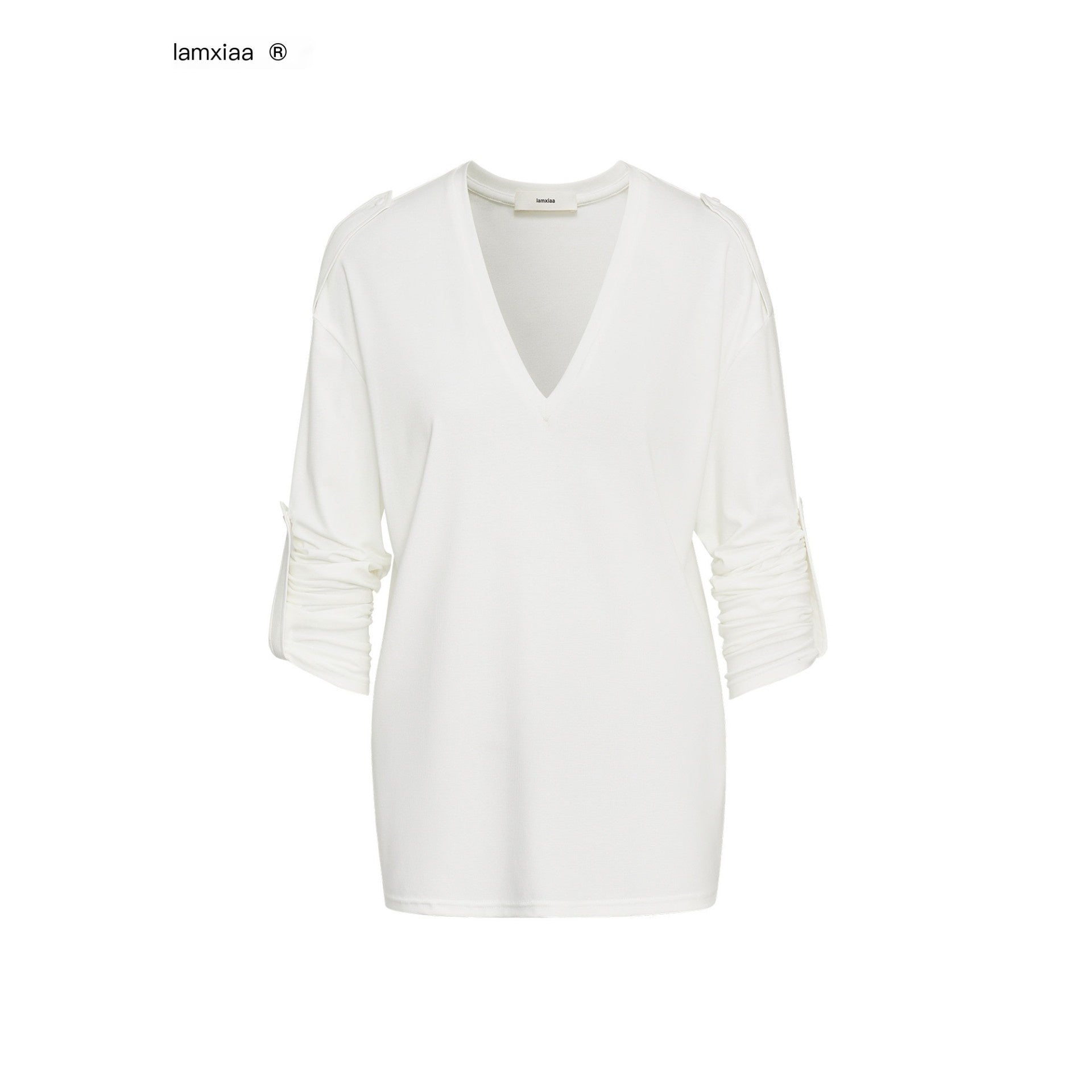 iamxiaa_White_Gray_Narrow_V-neck_Epaulet_Sleeve_Tab_Women&