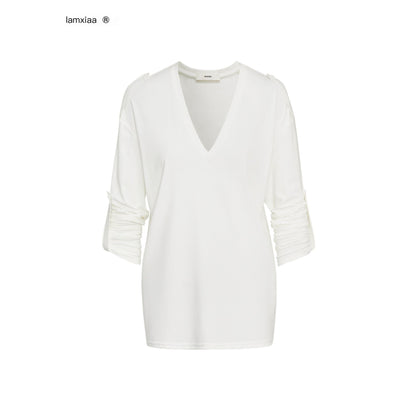 iamxiaa_White_Gray_Narrow_V-neck_Epaulet_Sleeve_Tab_Women&