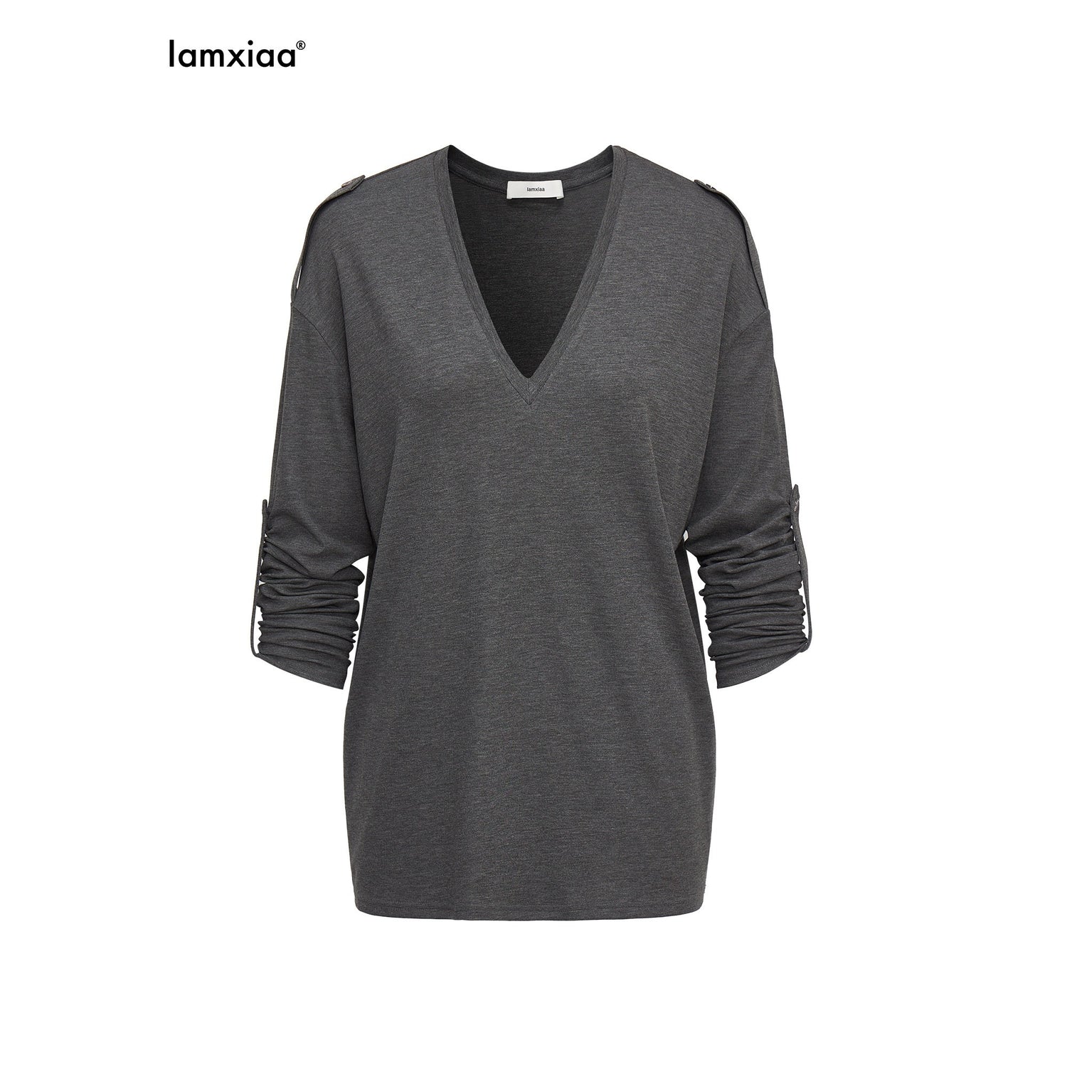 iamxiaa_White_Gray_Narrow_V-neck_Epaulet_Sleeve_Tab_Women&