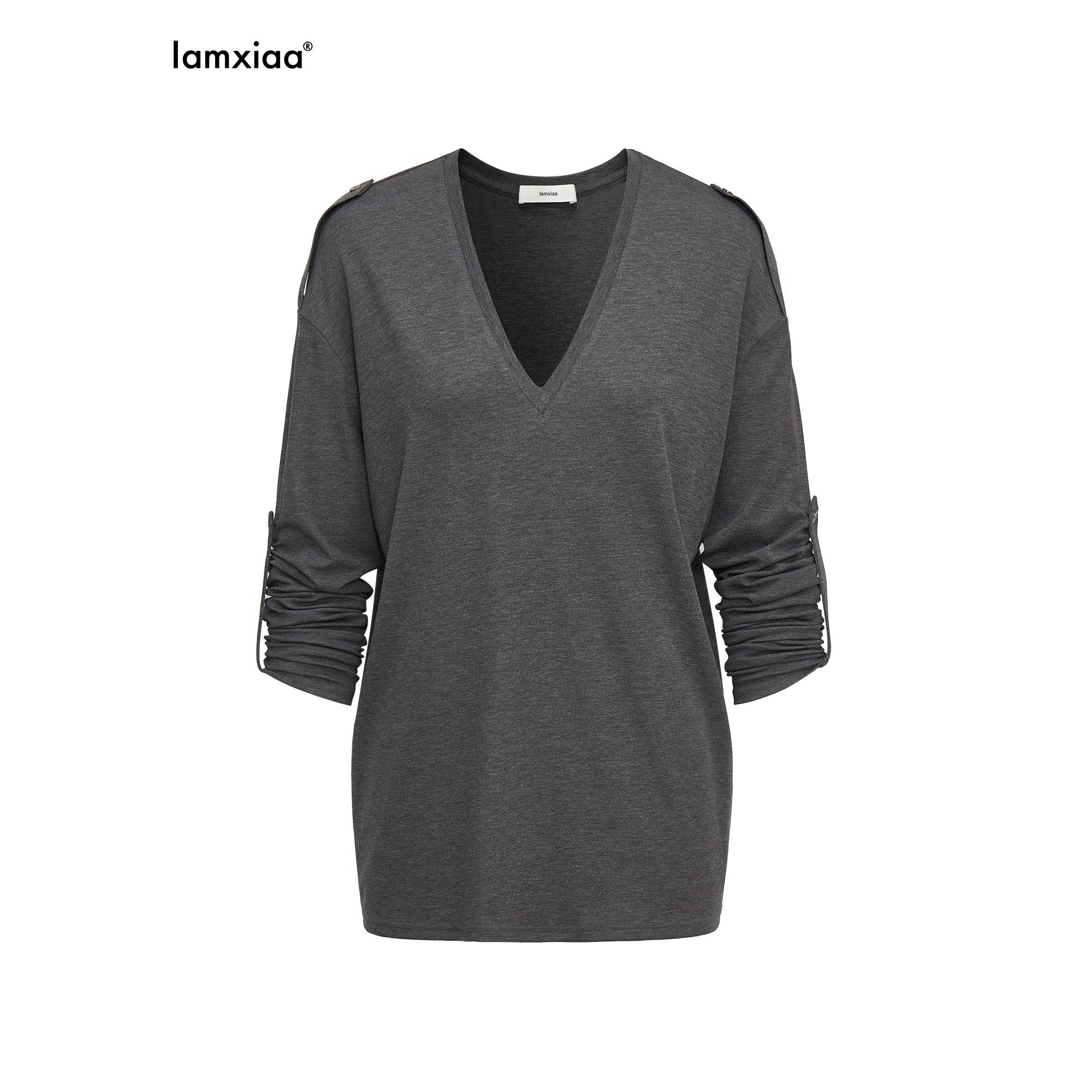 iamxiaa_White_Gray_Narrow_V-neck_Epaulet_Sleeve_Tab_Women&
