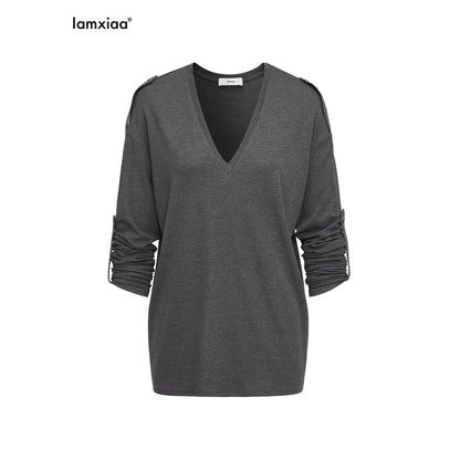 iamxiaa_White_Gray_Narrow_V-neck_Epaulet_Sleeve_Tab_Women&
