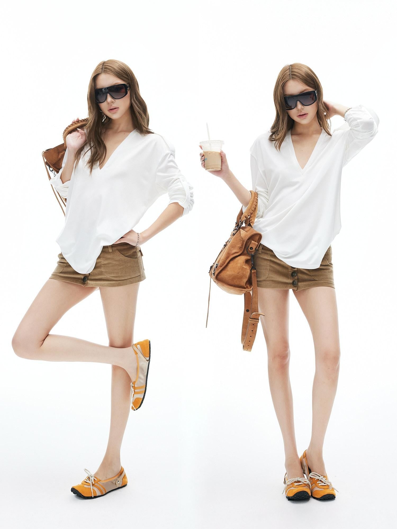 iamxiaa White Gray Narrow V-neck Epaulet Sleeve Tab Women&