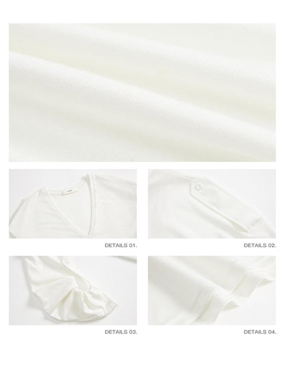 iamxiaa White Gray Narrow V-neck Epaulet Sleeve Tab Women&