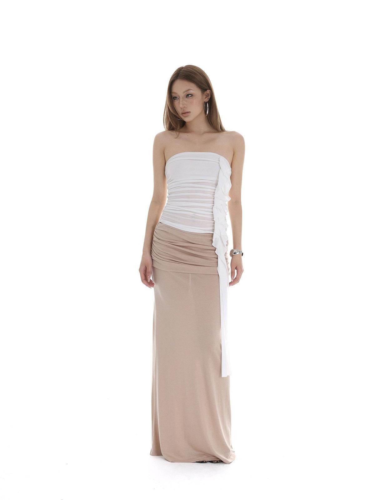 iamxiaa White Ruched Ruffle Ribbon Slimming Women&