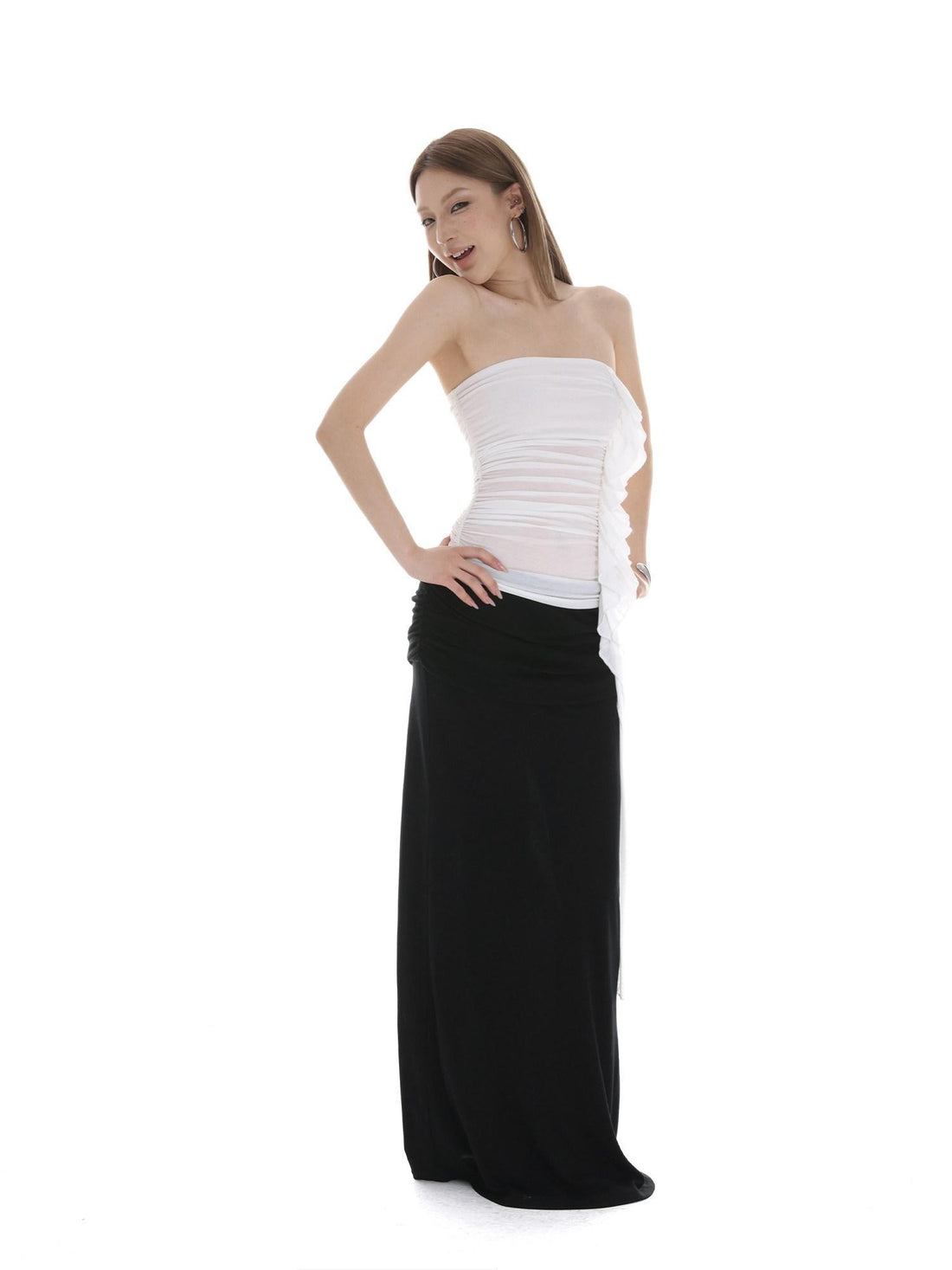 iamxiaa White Ruched Ruffle Ribbon Slimming Women&