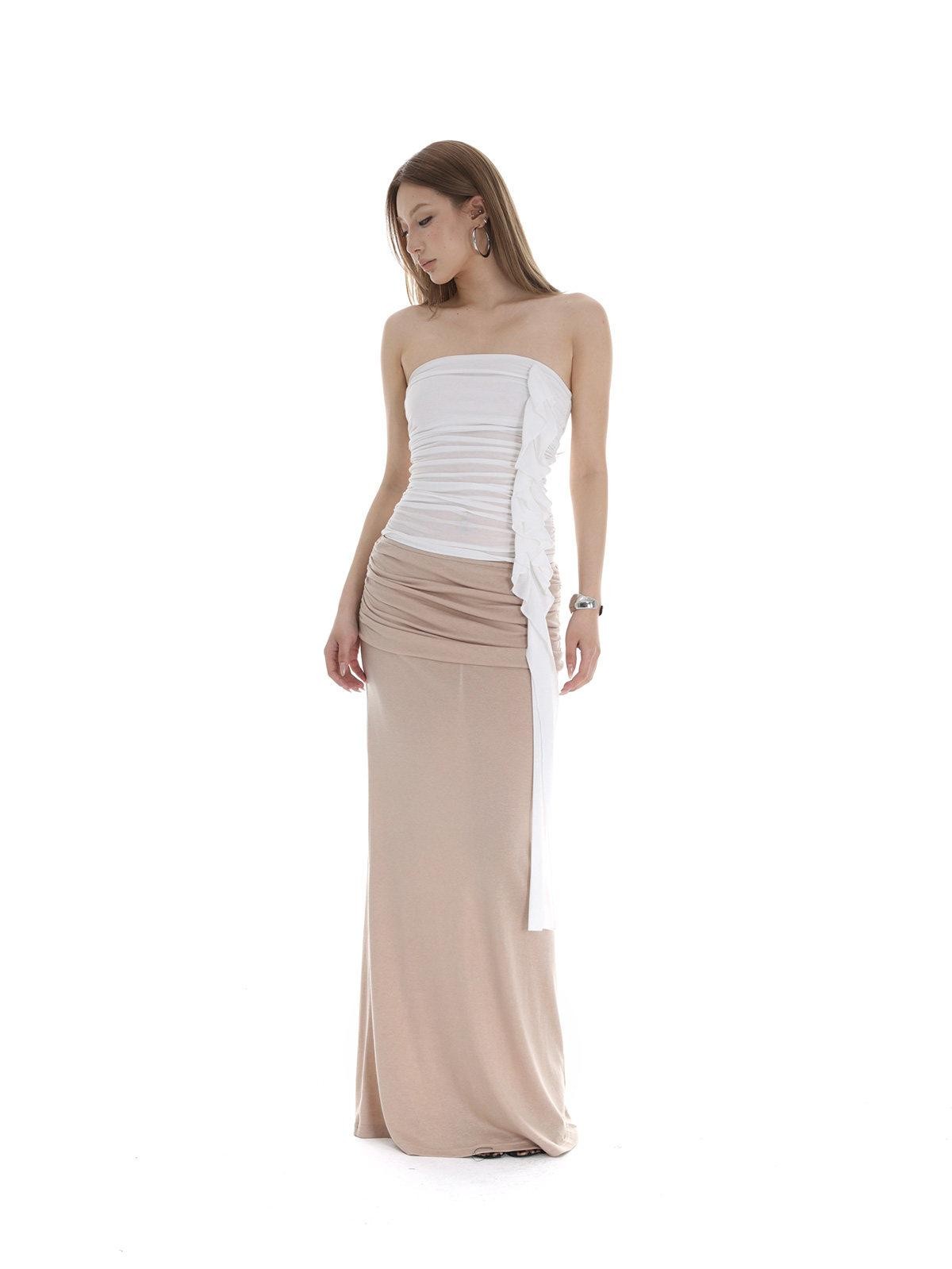 iamxiaa White Ruched Ruffle Ribbon Slimming Women&