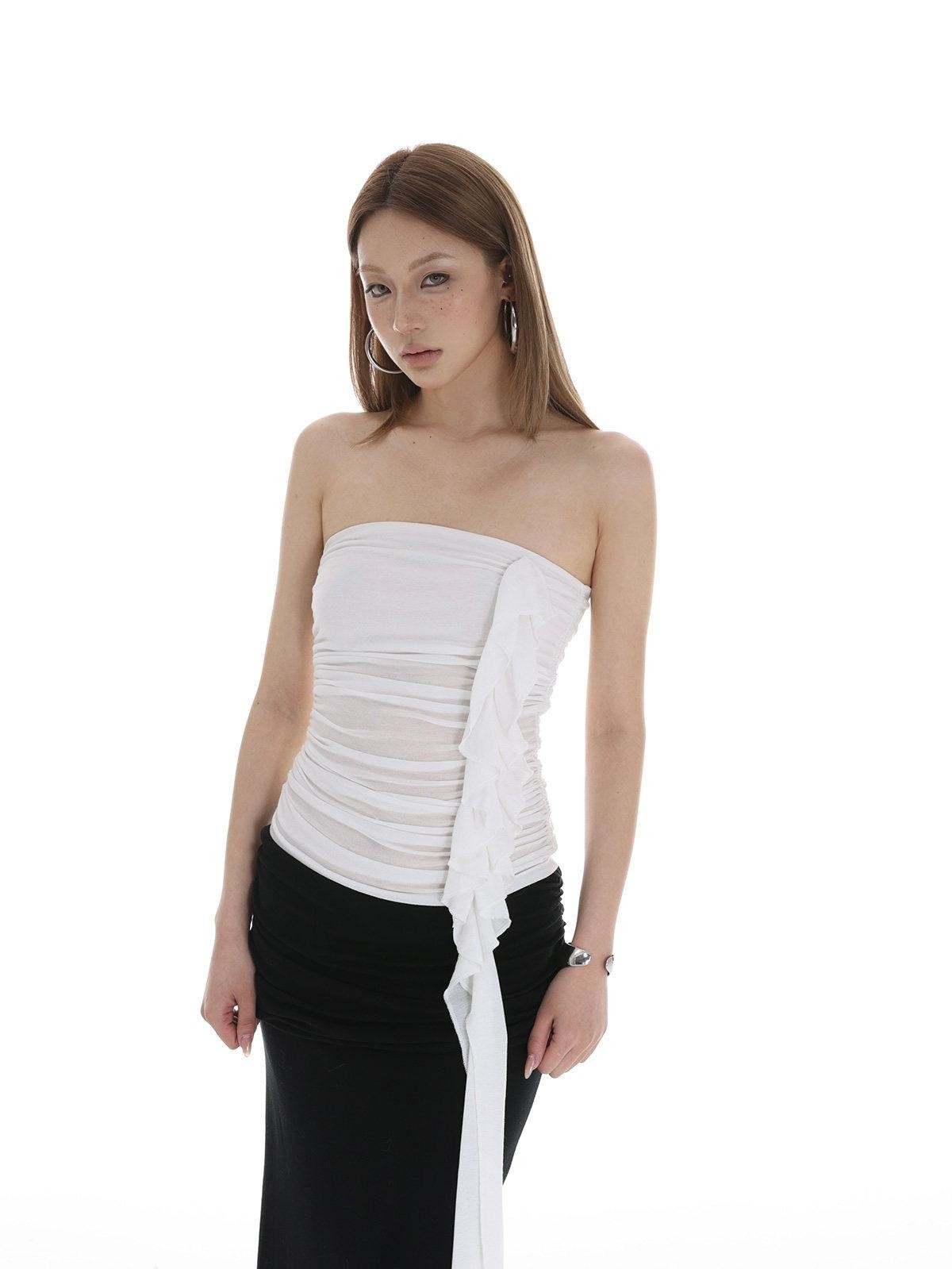 iamxiaa White Ruched Ruffle Ribbon Slimming Women&