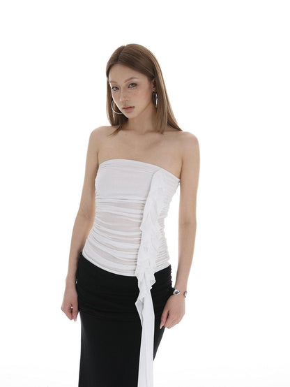 iamxiaa White Ruched Ruffle Ribbon Slimming Women&