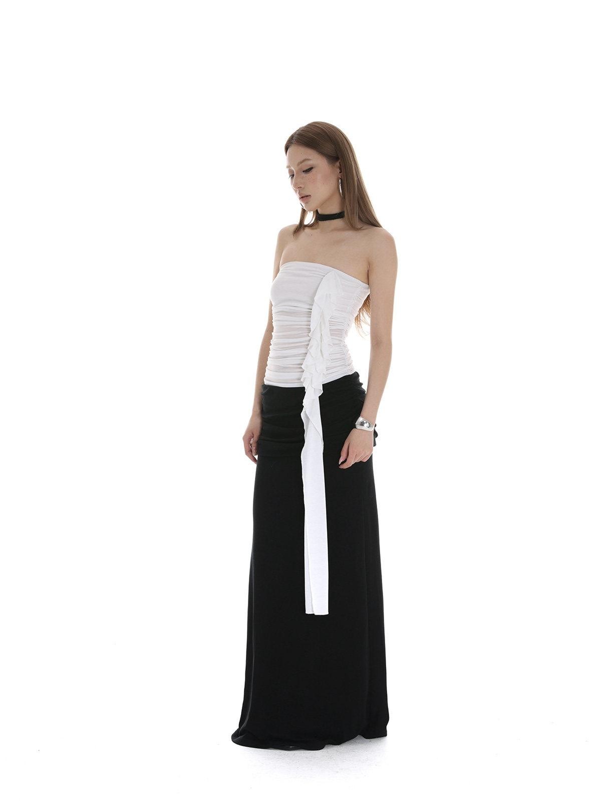 iamxiaa White Ruched Ruffle Ribbon Slimming Women&