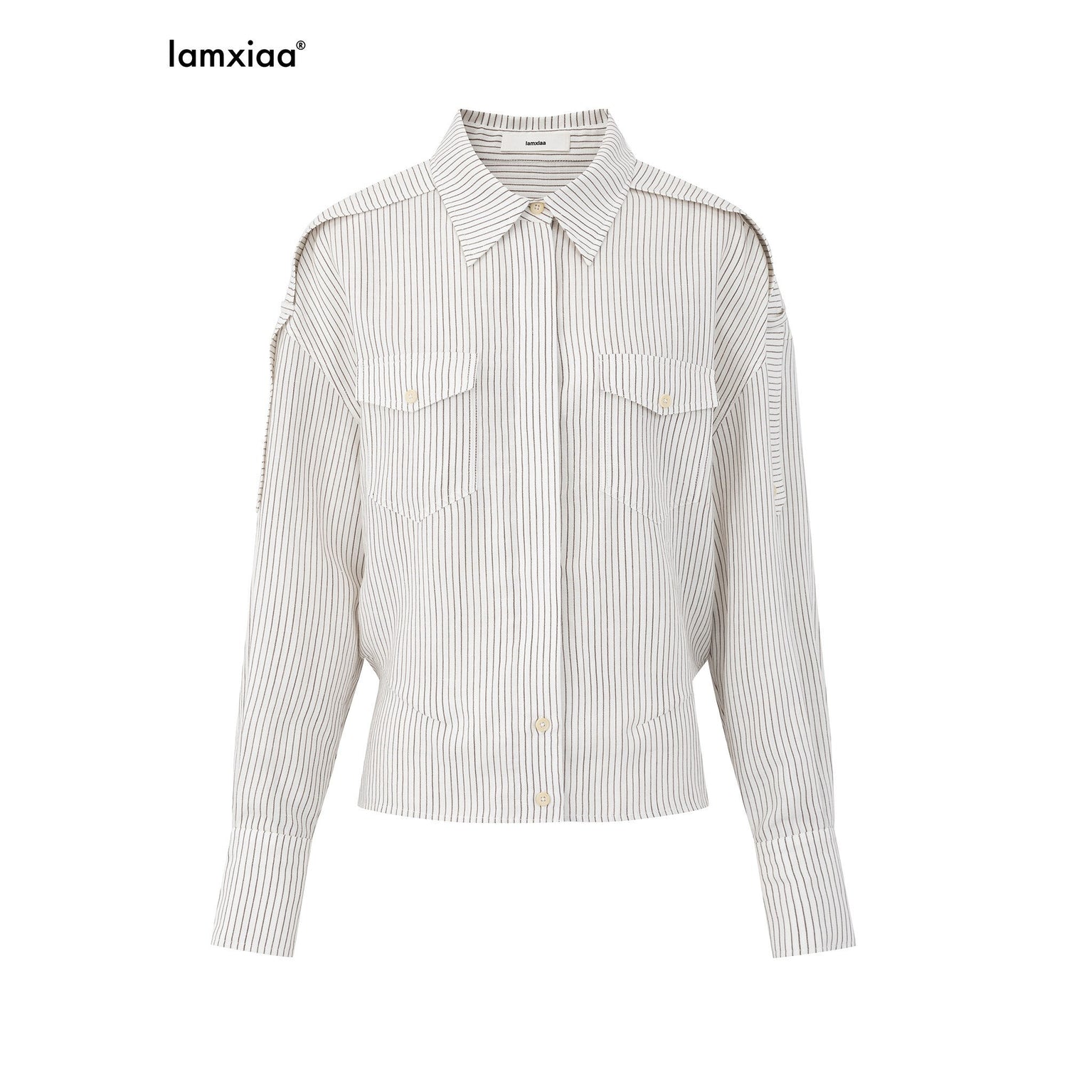 iamxiaa_White_Stripe_Flap_Pocket_Epaulet_Adjustable_Back_Tab_Women&