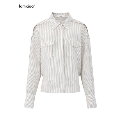 iamxiaa_White_Stripe_Flap_Pocket_Epaulet_Adjustable_Back_Tab_Women&