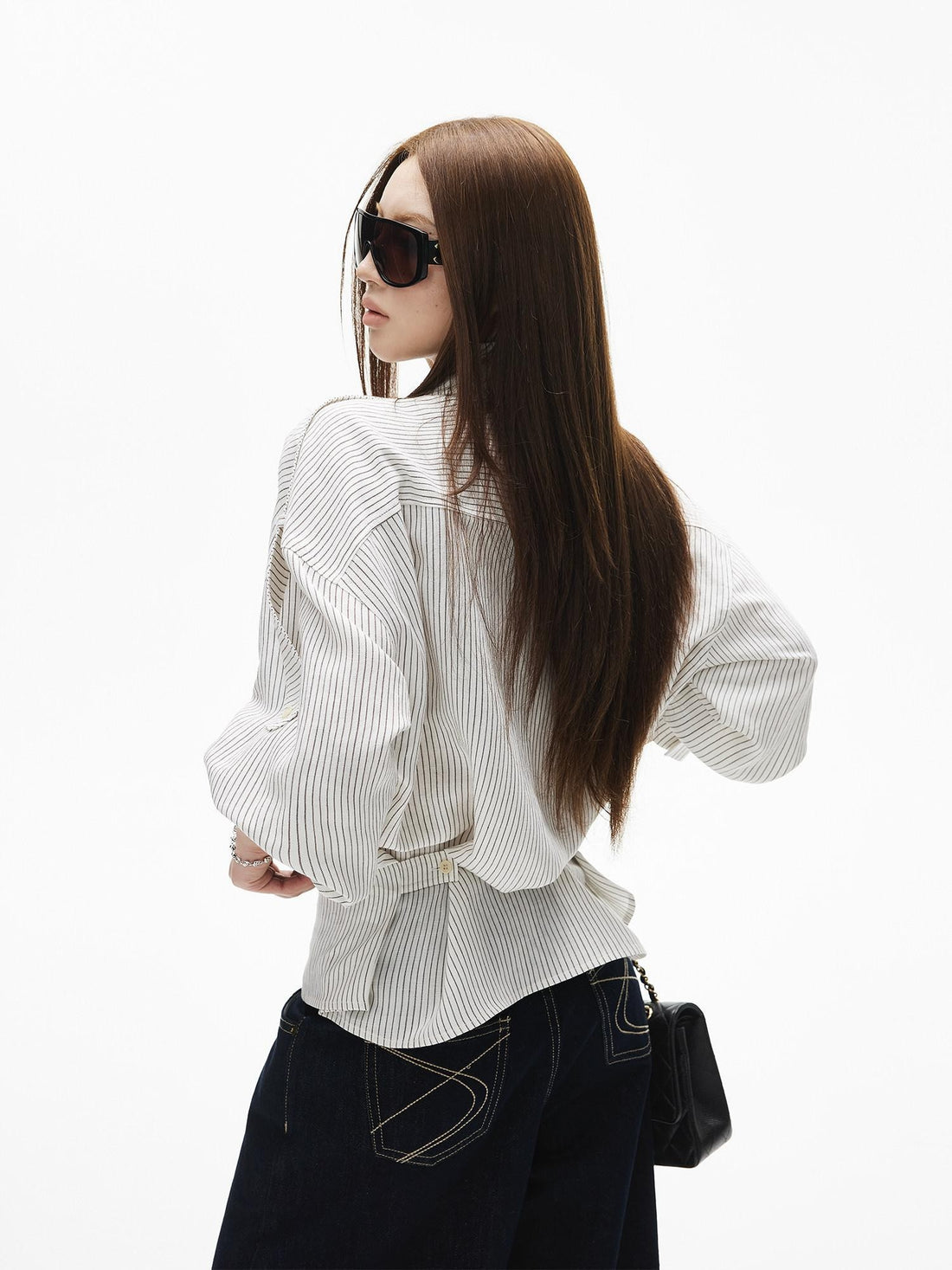 iamxiaa White Stripe Flap Pocket Epaulet Adjustable Back Tab Women&