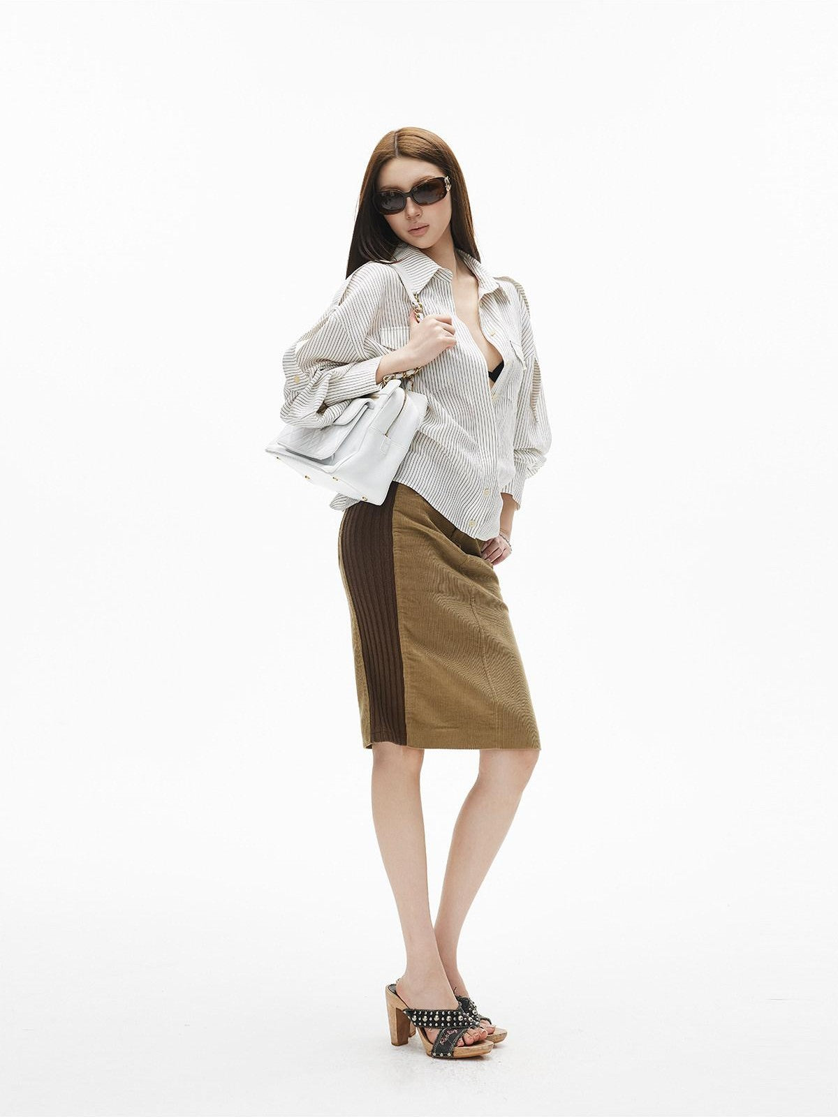 iamxiaa White Stripe Flap Pocket Epaulet Adjustable Back Tab Women&