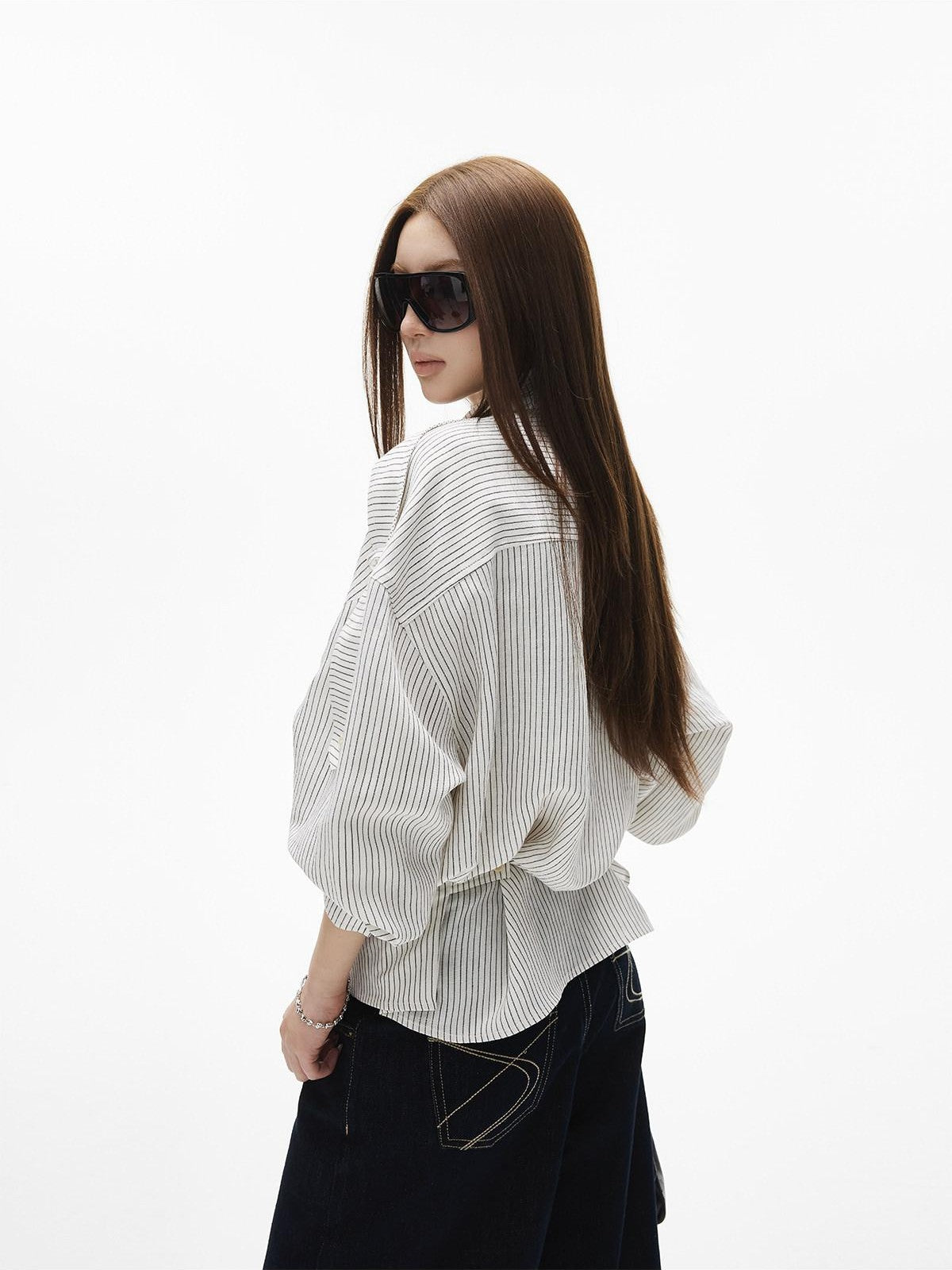 iamxiaa White Stripe Flap Pocket Epaulet Adjustable Back Tab Women&